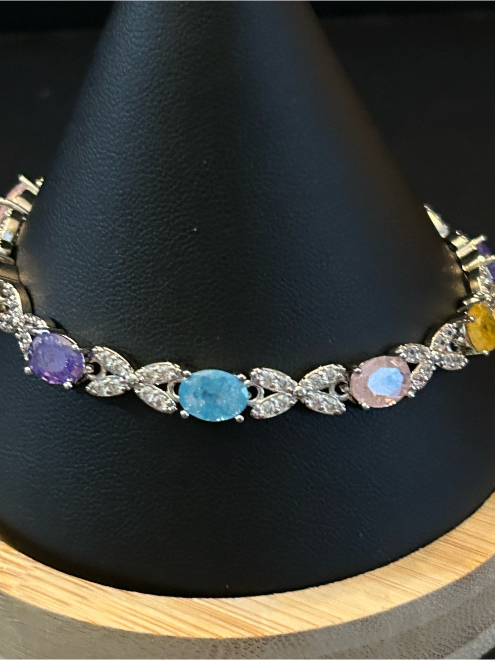 Colorful Oval Crystal Silver-Link Tennis Style Bracelet 8” inches